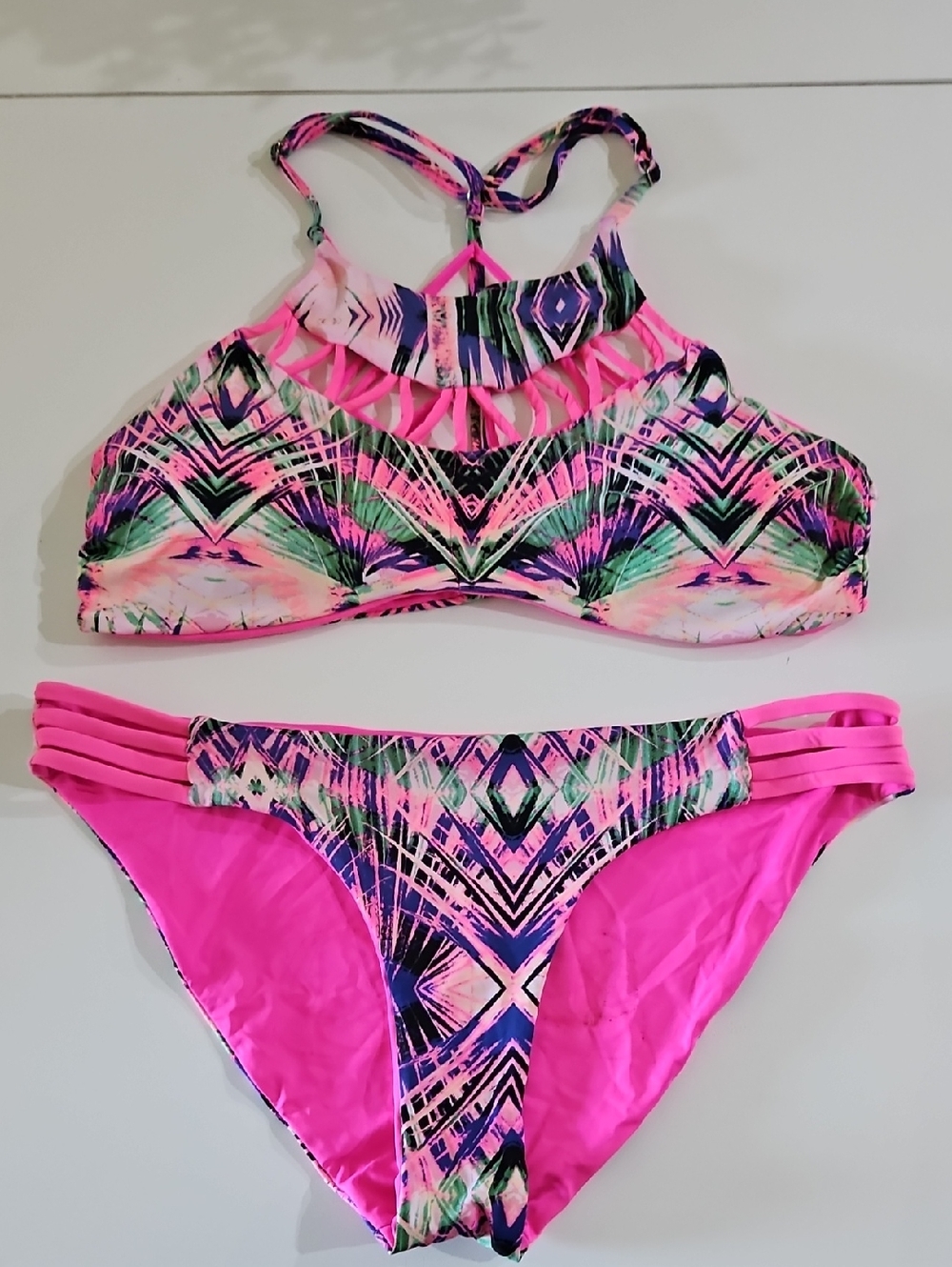 TiniBikini Neon Pink Tropical Print Reversible Bikini